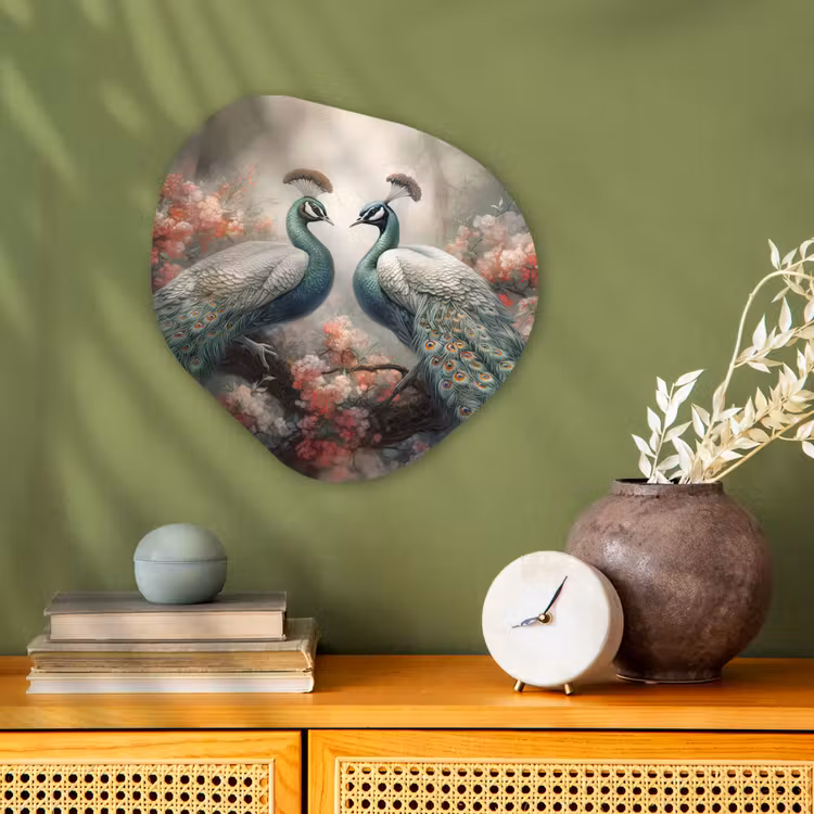 Pauwen - Pauwenveren - Vogels - Bloemen - Natuur Wandcirkel Organisch Forex 3mm klein -sfeer2