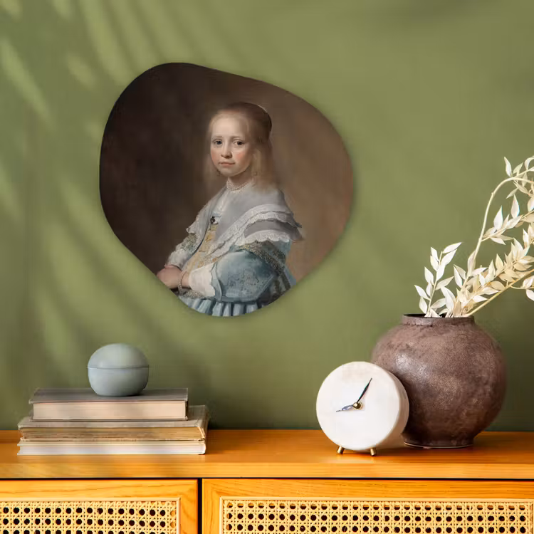 Portret van een meisje in het blauw - Schilderij van Johannes Cornelisz. Verspronck Wandcirkel Organisch Forex 3mm klein -sfeer2