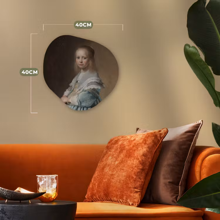 Portret van een meisje in het blauw - Schilderij van Johannes Cornelisz. Verspronck Wandcirkel Organisch Forex 3mm klein -sfeer3
