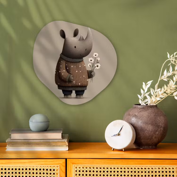 Neushoorn - Witte bloemen - Lief Wandcirkel Organisch Forex 3mm klein -sfeer2