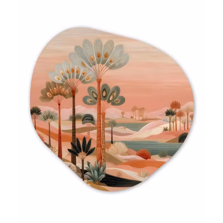 Roze landschap - Palmen - Water Wandcirkel Organisch Forex 3mm klein -3d