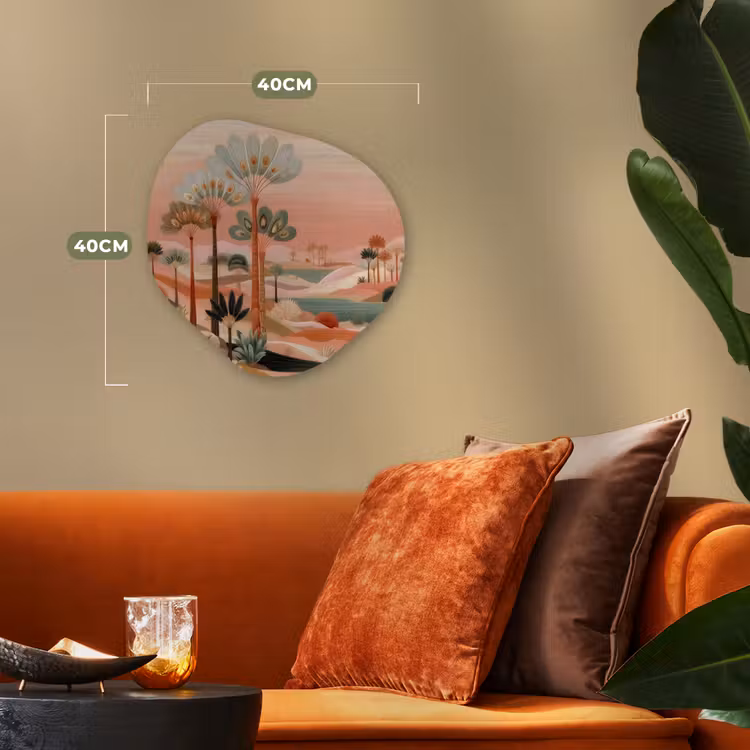 Roze landschap - Palmen - Water Wandcirkel Organisch Forex 3mm klein -sfeer3