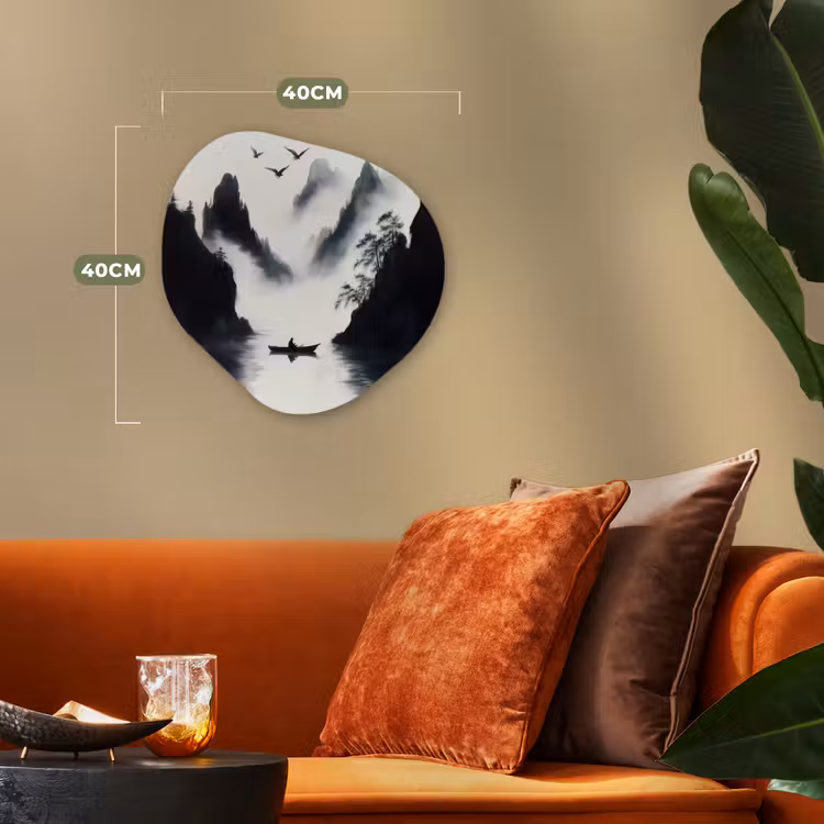 Roeiboot - Mistig - Bergen - Vogels Wandcirkel Organisch Forex 3mm klein -sfeer3