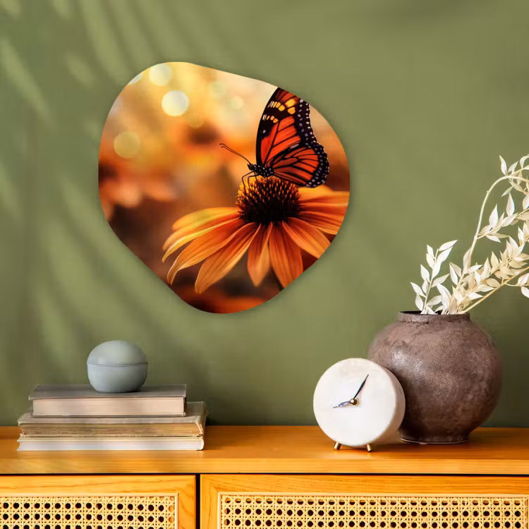 Vlinder - Bloemen - Oranje Wandcirkel Organisch Forex 3mm klein -sfeer2