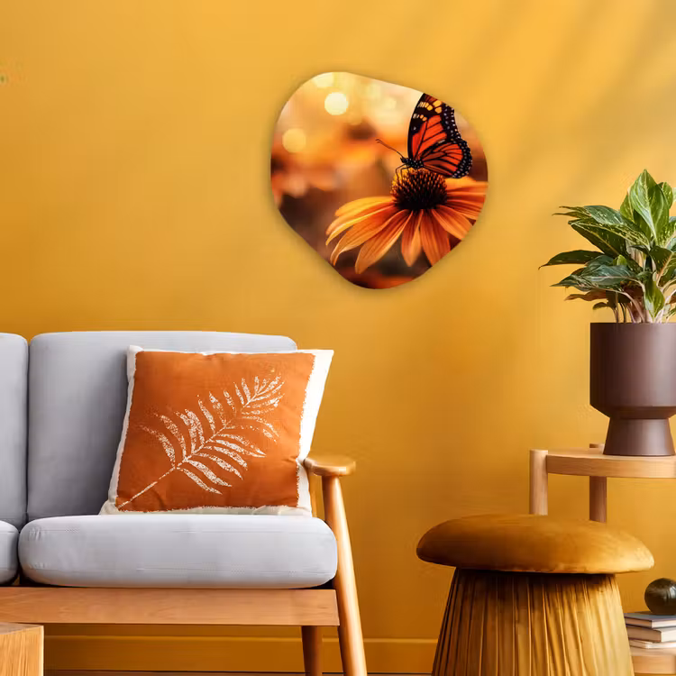 Vlinder - Bloemen - Oranje Wandcirkel Organisch Forex 3mm klein -sfeer4