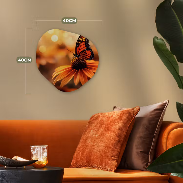 Vlinder - Bloemen - Oranje Wandcirkel Organisch Forex 3mm klein -sfeer3