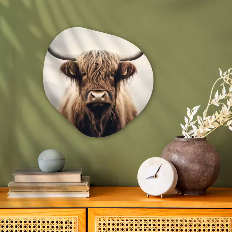 Schotse hooglander - Hoorns - Landschap Wandcirkel Organisch Forex 3mm klein -sfeer2