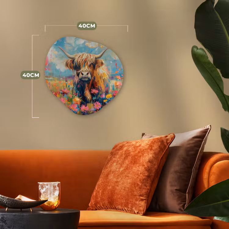 Schotse hooglander - Natuur - Kleurrijk - Bloemen Wandcirkel Organisch Forex 3mm klein -sfeer3
