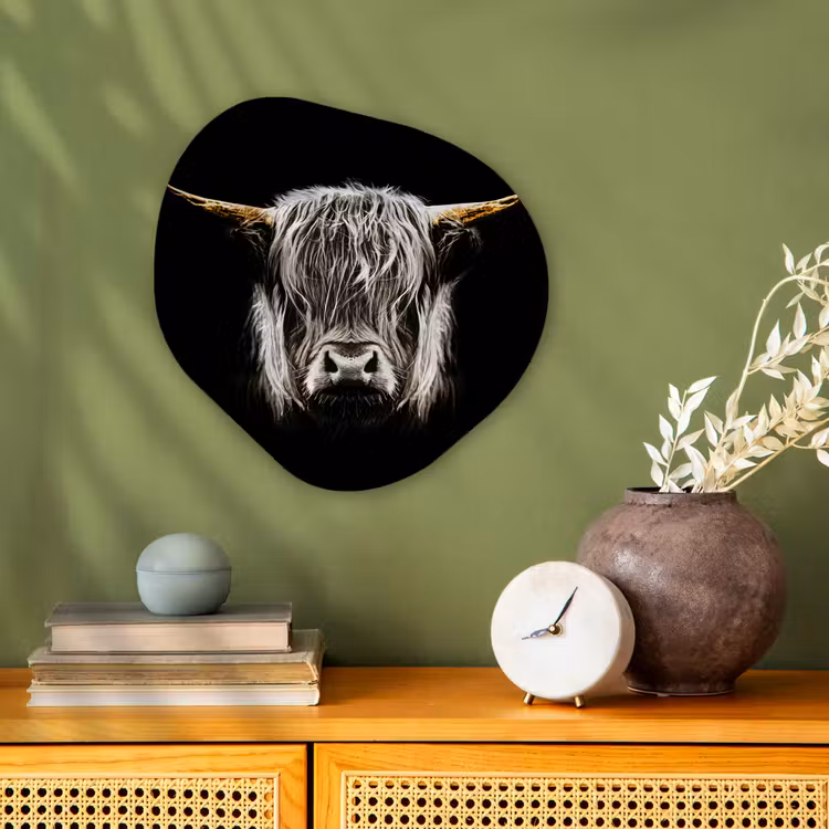 Schotse hooglander - Goud - Hoorns - Zwart wit - Koe - Dieren Wandcirkel Organisch Forex 3mm klein -sfeer2