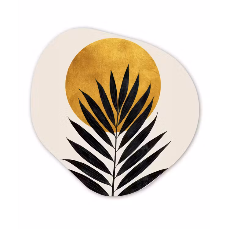 Zwart palmblad - Gouden cirkel - Beige achtergrond Wandcirkel Organisch Forex 3mm klein -3d