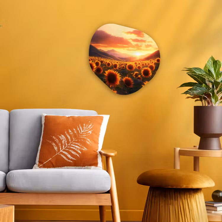 Zonnebloemen - Zonsondergang - Landschap Wandcirkel Organisch Forex 3mm klein -sfeer4