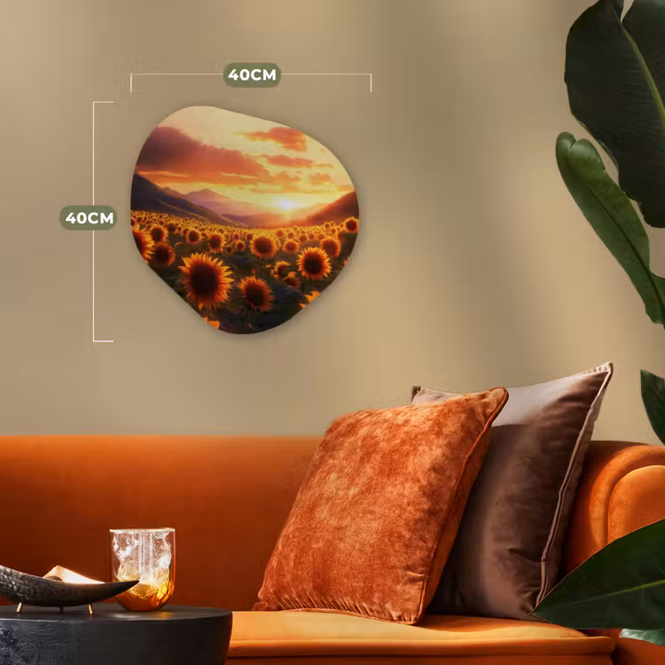 Zonnebloemen - Zonsondergang - Landschap Wandcirkel Organisch Forex 3mm klein -sfeer3
