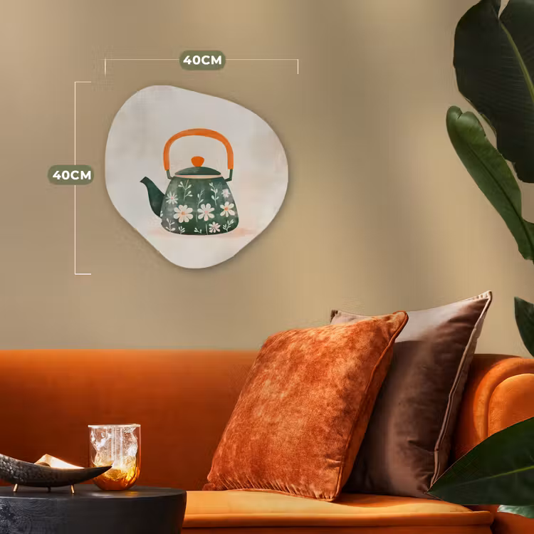 Theepot - Groen - Bloemen - Oranje Wandcirkel Organisch Forex 3mm klein -sfeer3