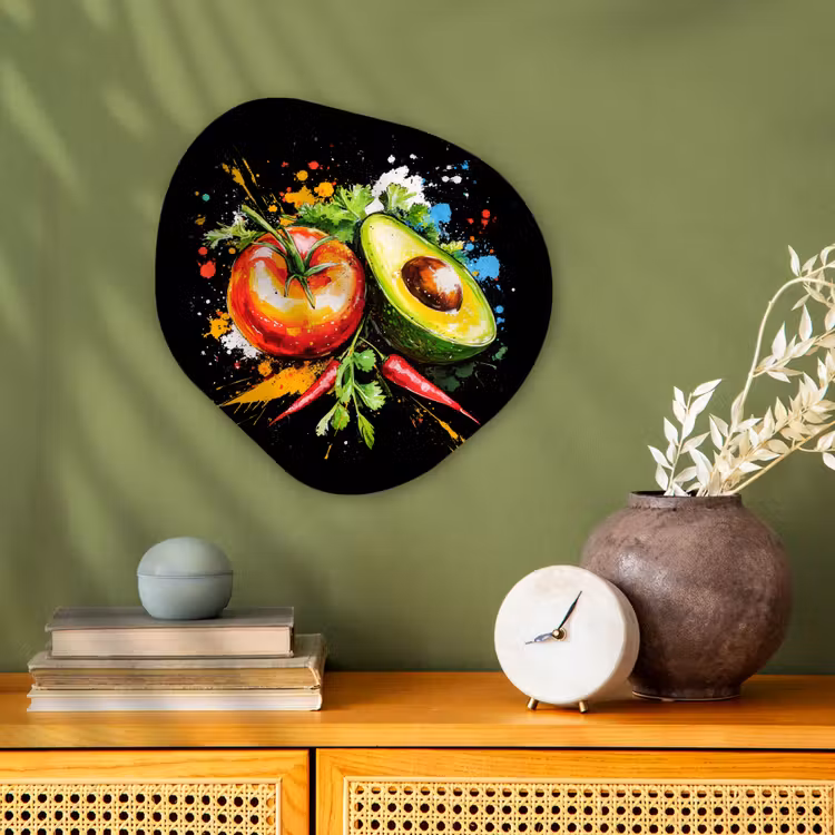 Tomaat - Avocado - Peper - Graffiti - Verf - Modern Wandcirkel Organisch Forex 3mm klein -sfeer2