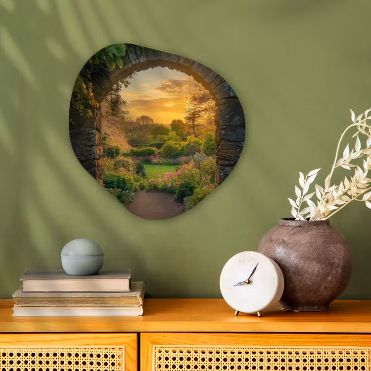 Poort - Planten - Zonsondergang Wandcirkel Organisch Forex 3mm klein -sfeer2