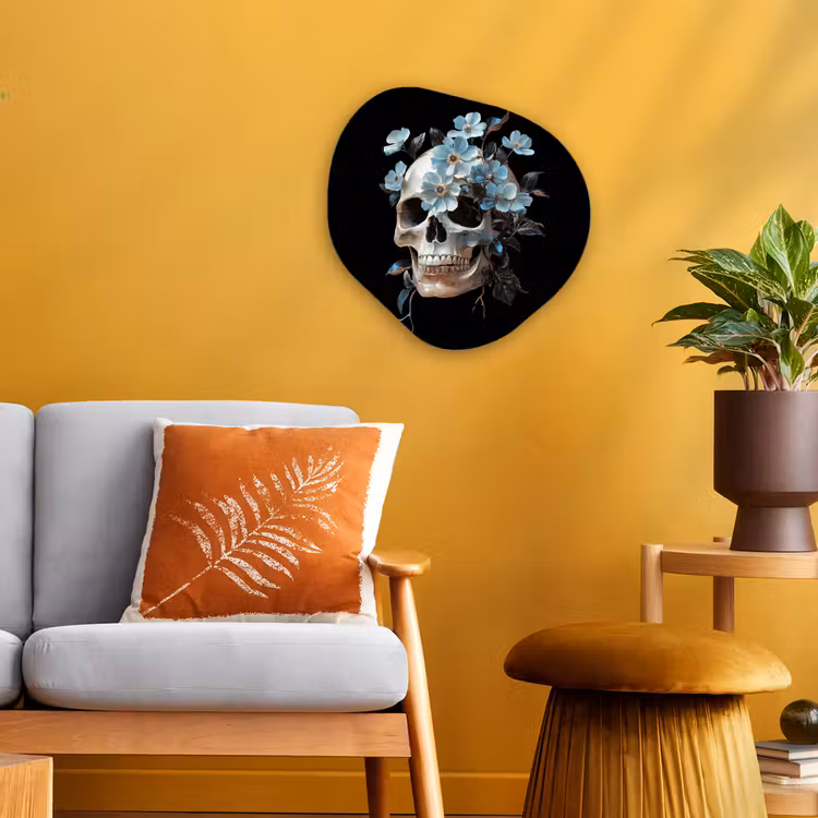 Schedel - Blauw - Bloemen - Bladeren Wandcirkel Organisch Forex 3mm klein -sfeer4