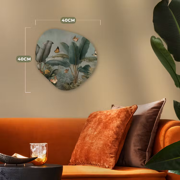 Tropisch bladerdek - Vlinders - groen - Bruin Wandcirkel Organisch Forex 3mm klein -sfeer3