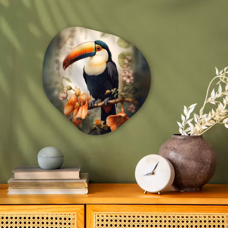 Toekan - Vogel - Bloemen - Planten Wandcirkel Organisch Forex 3mm klein -sfeer2