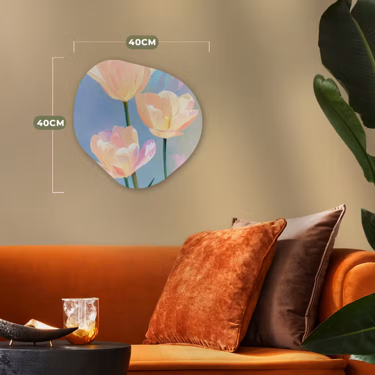 Tulpen - Roze accenten - Blauw Wandcirkel Organisch Forex 3mm klein -sfeer3