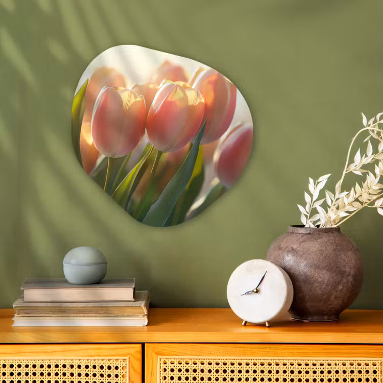 Tulpen - Roze - Zonnestralen Wandcirkel Organisch Forex 3mm klein -sfeer2