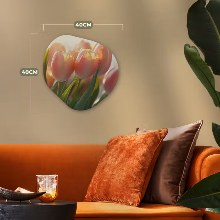 Tulpen - Roze - Zonnestralen Wandcirkel Organisch Forex 3mm klein -sfeer3
