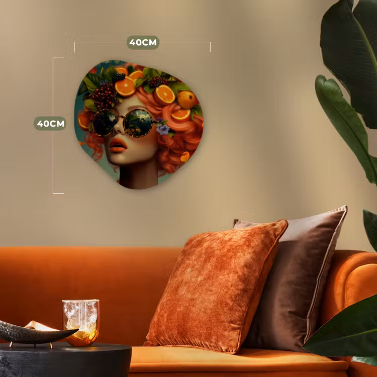 Vrouw - Sinaasappel - Bessen - Oranje Wandcirkel Organisch Forex 3mm klein -sfeer3