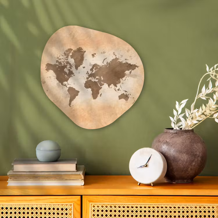 Wereldkaart - Beige - Bruin Wandcirkel Organisch Forex 3mm klein -sfeer2