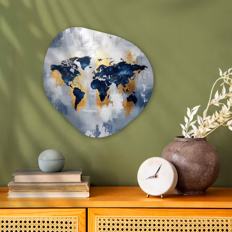 Wereldkaart - Blauw - Abstract Wandcirkel Organisch Forex 3mm klein -sfeer2