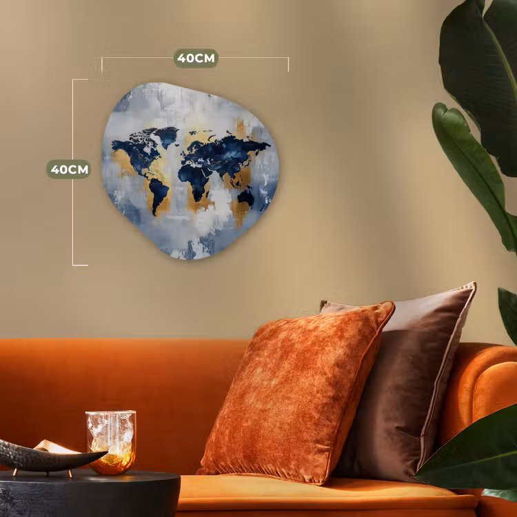 Wereldkaart - Blauw - Abstract Wandcirkel Organisch Forex 3mm klein -sfeer3