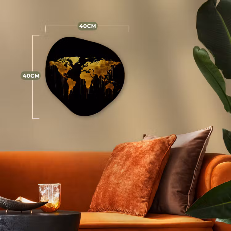 Wereldkaart - Goud - Druipen - Zwart Wandcirkel Organisch Forex 3mm klein -sfeer3