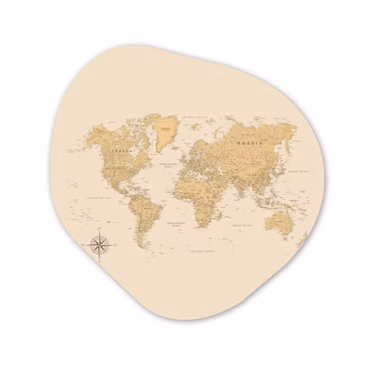 Wereldkaart - Realistisch - Beige Wandcirkel Organisch Forex 3mm klein -3d