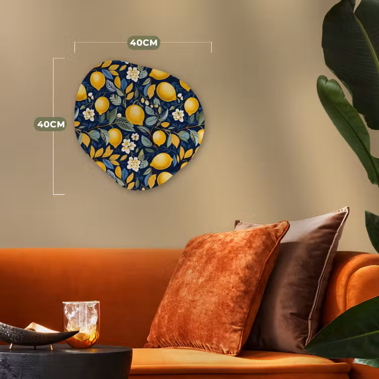 Citroenen - Bloemen - Bladeren - Blauw Wandcirkel Organisch Forex 3mm klein 629 -sfeer3