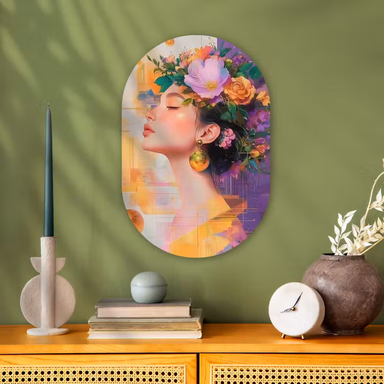 Abstract - Vrouw - Bloemenkroon - Goud Wandcirkel Ovaal Forex klein -sfeer2