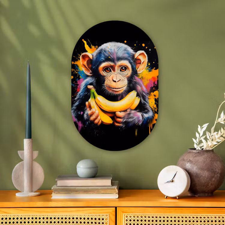 Aap - Graffiti - Kleurrijk - Bananen - Modern Wandcirkel Ovaal Forex klein -sfeer2