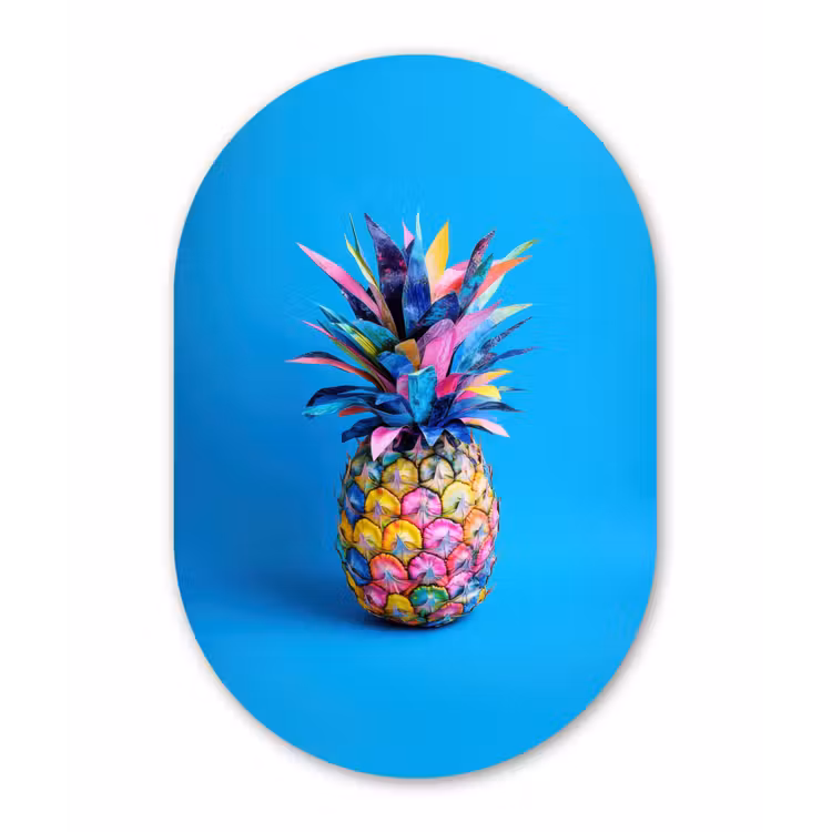 Ananas - Blauw - Tropisch - Vrolijk Wandcirkel Ovaal Forex klein -3d