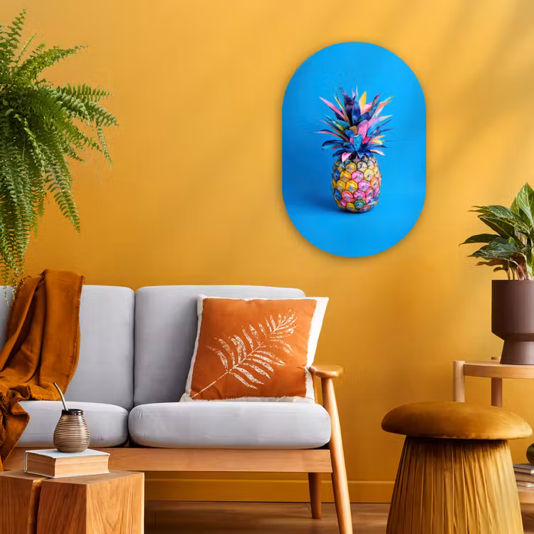 Ananas - Blauw - Tropisch - Vrolijk Wandcirkel Ovaal Forex klein -sfeer4