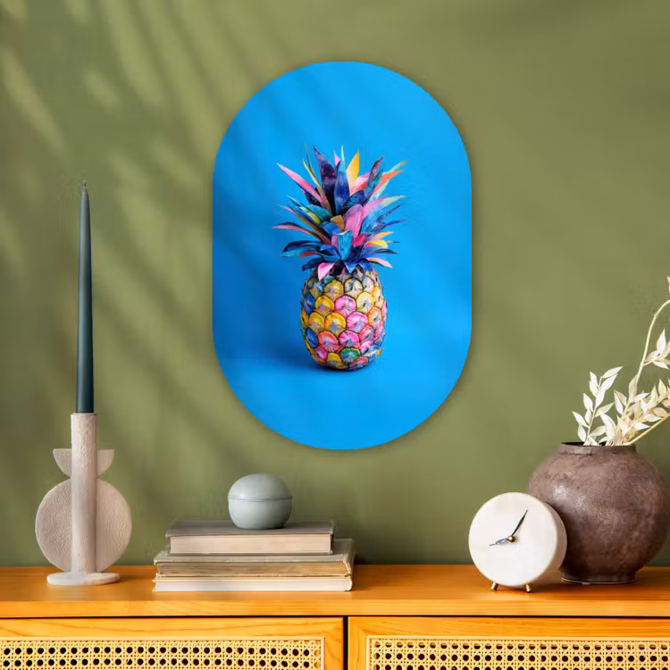 Ananas - Blauw - Tropisch - Vrolijk Wandcirkel Ovaal Forex klein -sfeer2