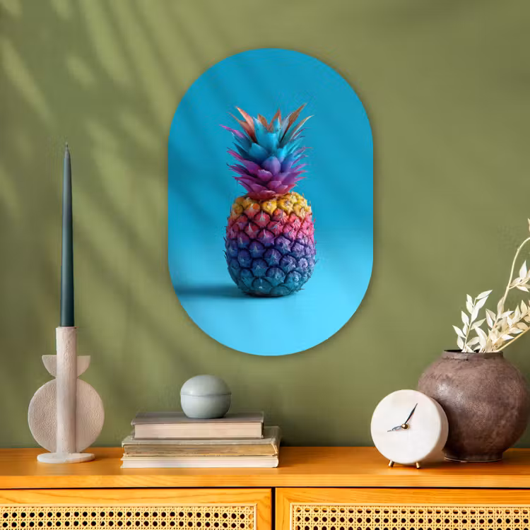 Ananas - Regenboog - Blauw - Popart Wandcirkel Ovaal Forex klein -sfeer2