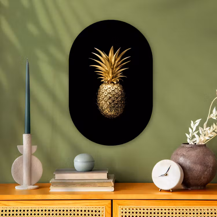 Ananas - Zwart - Goud - Luxe Wandcirkel Ovaal Forex klein -sfeer2