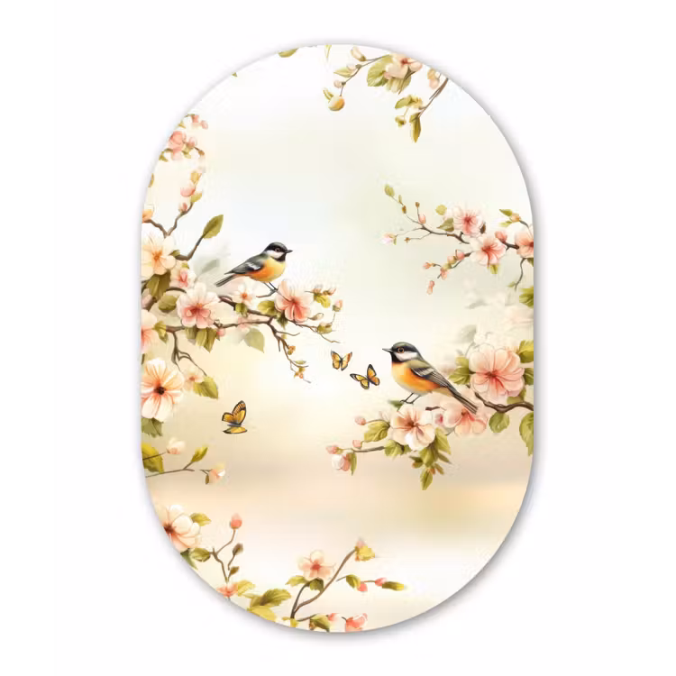 Takken - Bloemen - Vogeltjes - Roze Wandcirkel Ovaal Forex klein -3d