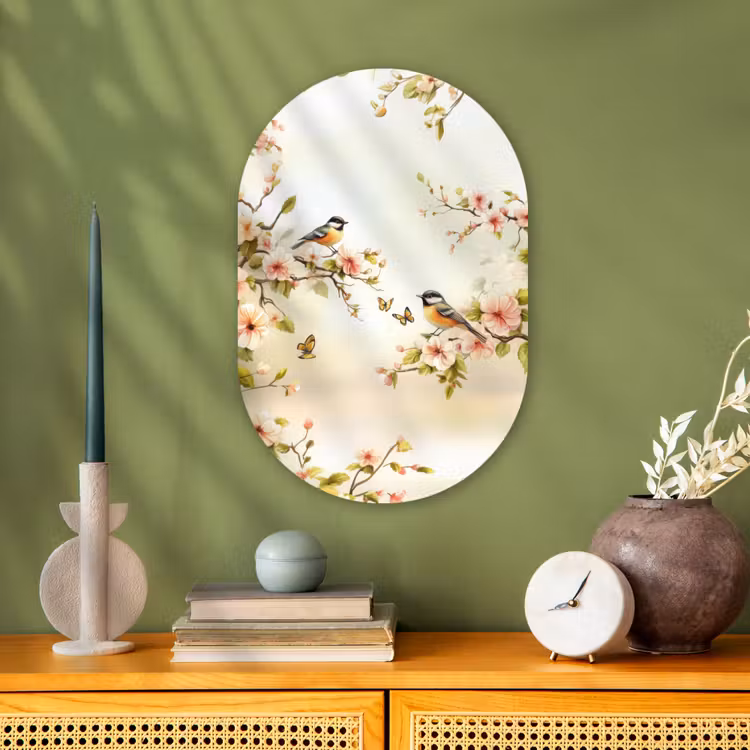 Takken - Bloemen - Vogeltjes - Roze Wandcirkel Ovaal Forex klein -sfeer2
