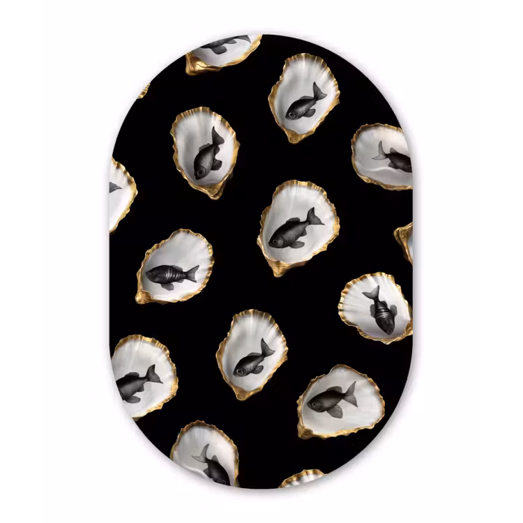 Oesters - Zwart - Vissen - Goud Wandcirkel Ovaal Forex klein -3d