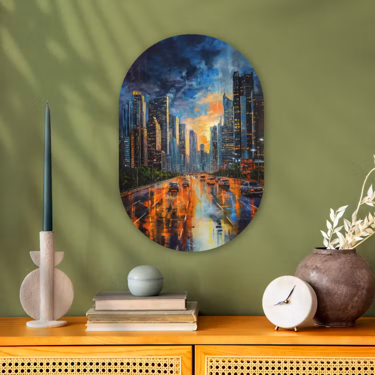 Auto - Skyline - Zon - Blauw Wandcirkel Ovaal Forex klein -sfeer2