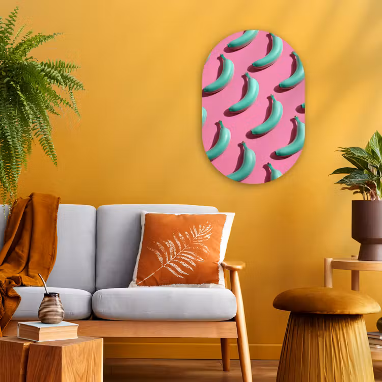 Bananen - Patroon - Blauw - Roze Wandcirkel Ovaal Forex klein -sfeer4