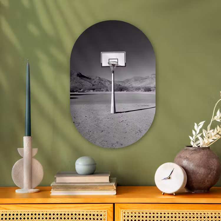 Basketbalpaal - Landschap - Zand - Wit Wandcirkel Ovaal Forex klein -sfeer2