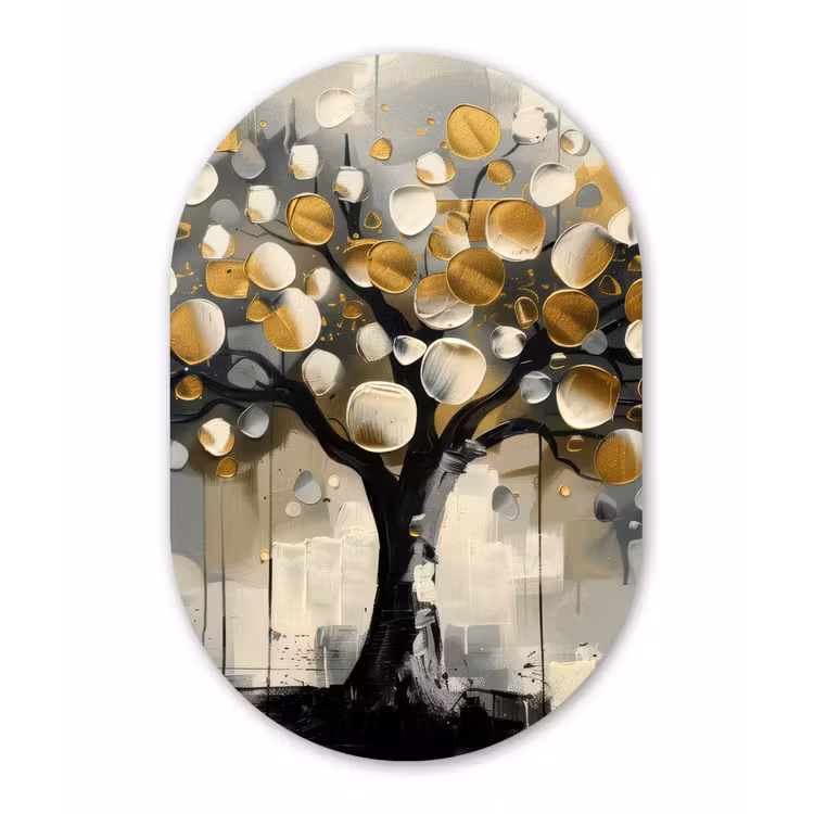 Boom - Abstract - Beige - Goud - Zwart Wandcirkel Ovaal Forex klein -3d