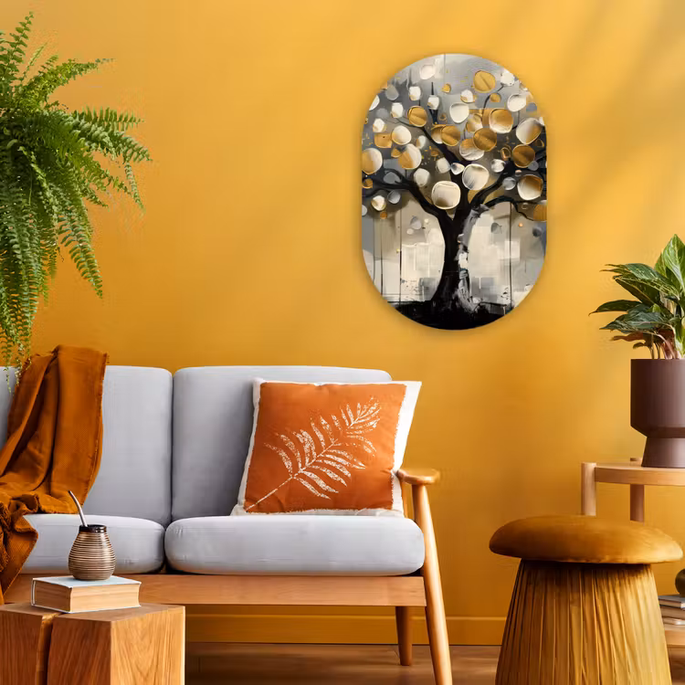 Boom - Abstract - Beige - Goud - Zwart Wandcirkel Ovaal Forex klein -sfeer4