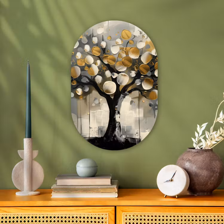 Boom - Abstract - Beige - Goud - Zwart Wandcirkel Ovaal Forex klein -sfeer2