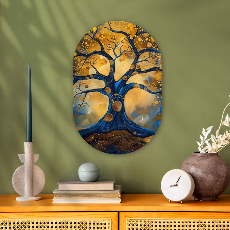 Boom - Levensboom - Blauw - Goud Wandcirkel Ovaal Forex klein -sfeer2