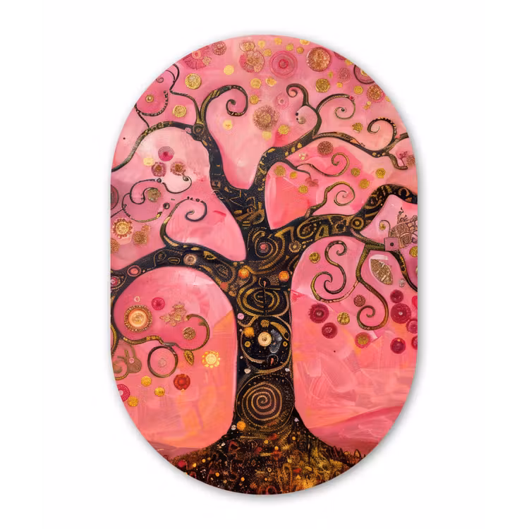 Boom - Levensboom - Roze - Goud Wandcirkel Ovaal Forex klein -3d